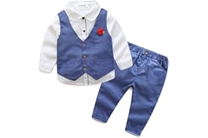 Kimocat Boys 3Pcs Clothing Sets Elegant Long Sleeve Shirts + Vest with Flower+Pants Party Suit