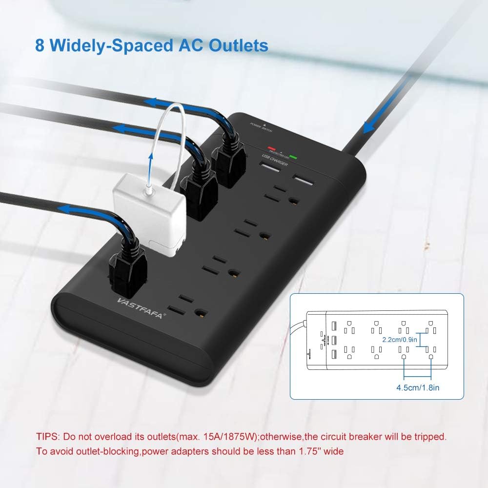 Power Strip VASTFAFA Surge Protector with 8 Outlets 3 USB Ports, 4.5ft Heavy Duty Extension Cord, FCC&ETL Listed, for Workbench, Home&Office, Black: Electronics