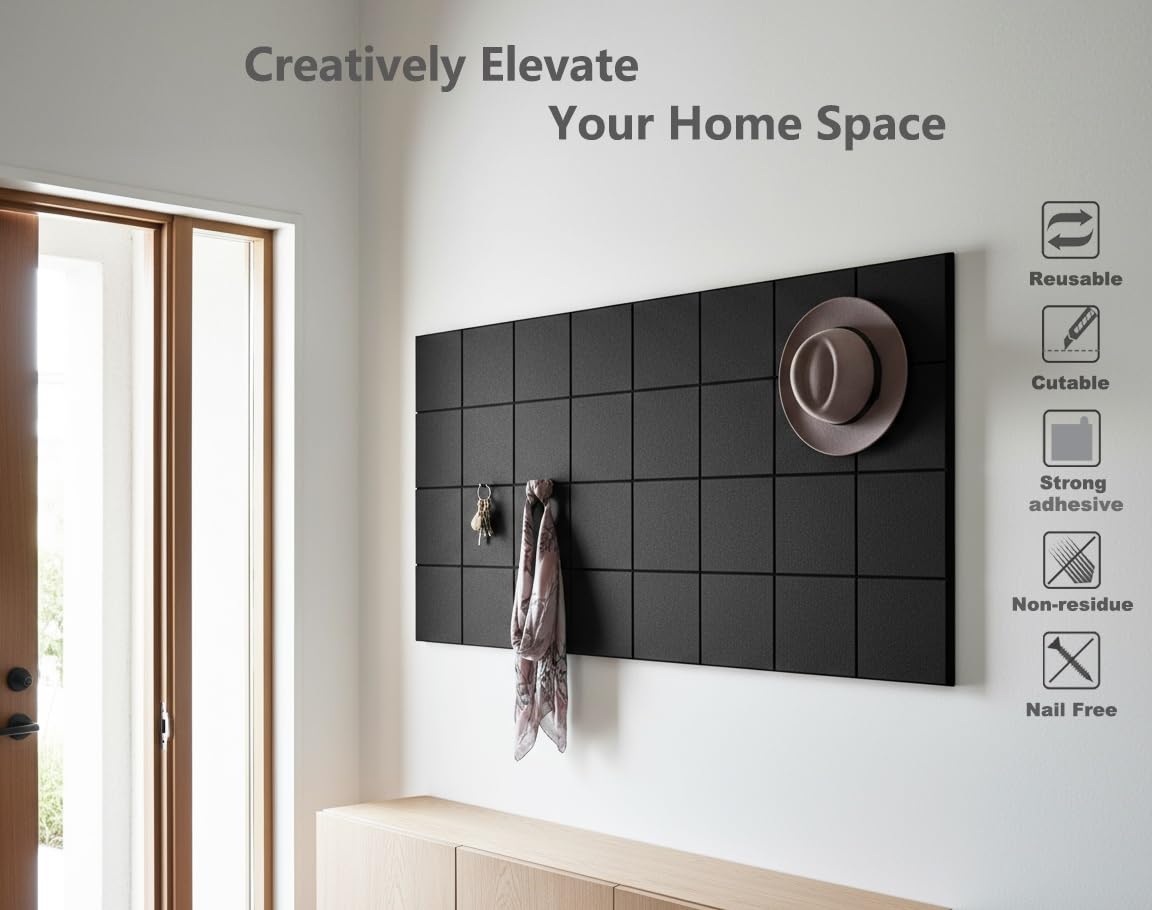 G Gamit Large Felt Wall Tiles Bulletin Board,Large Cork Board Alternative with 30 Pushpins,8-Pack Felt Pin Board with 56 Safe Removable Adhesive Tabs for Home Office School (Grid Black)