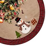 CELIVESGG 48" Burlap Christmas Tree Skirt with Santa,Country Xmas Tree Decorations Tree Skirts Double Layers Holiday Ornaments with Buffalo Plaid Edges