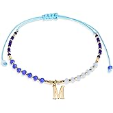 Agriajun Blue Gold Beaded Natural Stone Initial Bracelets for Women, Boho Handmade Personalized Gemstone Beads Letter Name Braided Rope Adjustable Bracelet Beach Bohemian Jewelry Gift