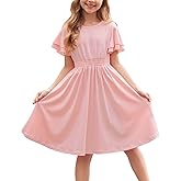 Arshiner Girl's Casual Dress Summer Scoop Neck Short Sleeve Flowy Print and Plain Sundress for Kids 4-14Y