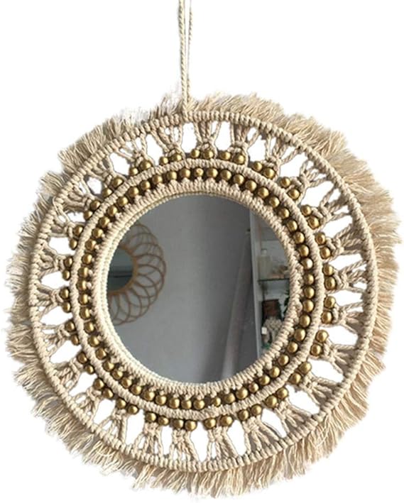 Espejo de macramé colgante de pared Boho geométrico decorativo redondo