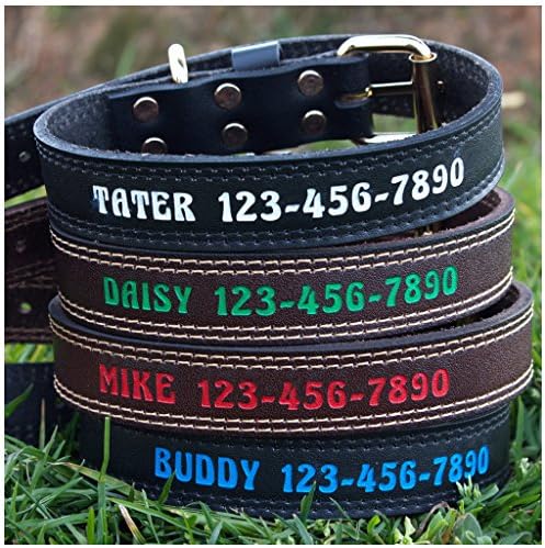 Custom Dog Collar Engraved Genuine Leather With Pet Name and Phone Number (L(18" - 22" ), Black)