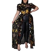 Women's Plus Size High Low Tops Blouse Puff Short Sleeve Mesh See Through Maxi Tunic Shirt Dresses