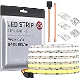 BTF-LIGHTING FCOB COB LED Strip CCT Flexible High Density 16.4FT 640LED/m Tunable 3000K-6000K CRI 90+ Dimmable Light Ribbon for Bedroom Kitchen Indoor Decoration DC24V(No Adapter or Controller)