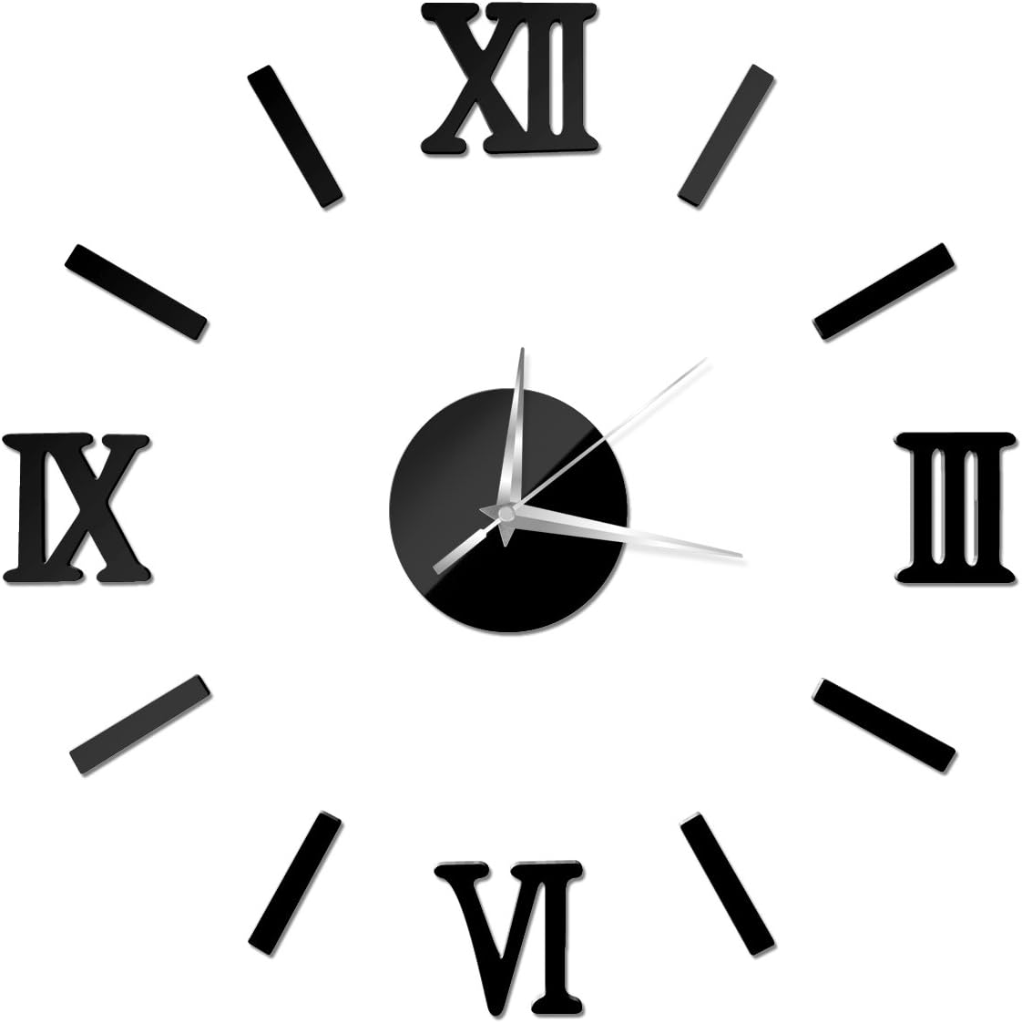 NectaRoy Wall Stickers 3D DIY Mirror Vintage Roman Numerals Frameless Wall Clock Home Office Decoration Decorated Decal Home Décor (Black)