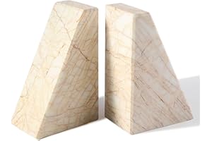 KARIBIBER Marble Bookends，Natural Decorative Bookend for Shelves, Non-Skid Book End for Heavy Books, Idea Book Stoppers & Holder for Desk Bookshelf Decor, Modern Home Decor Cream Color Book Ends, Set of 2