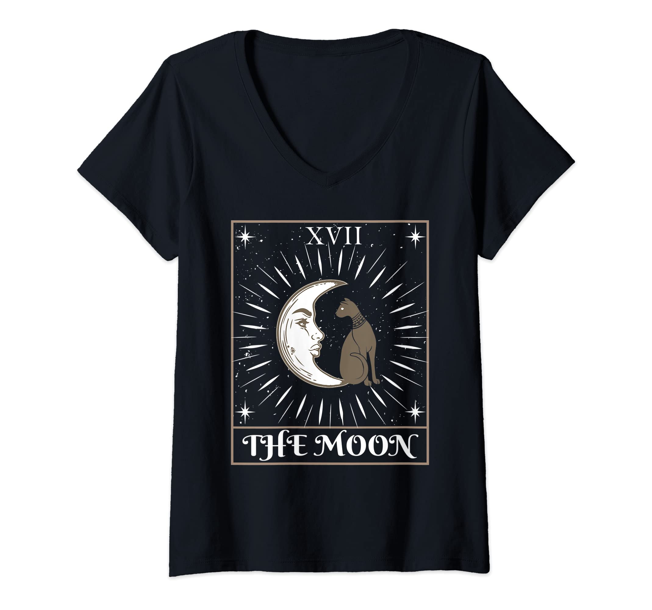 Womens Tarot Card Crescent Moon Kitty Cat Dance Meow Cat Pet Animal V-Neck T-Shirt
