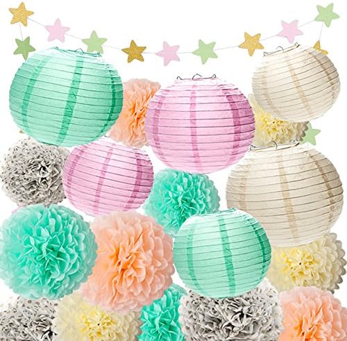 Tissue Pom Poms Paper Lanterns Kit for Baby Shower Birthday Wedding Party 18 Pcs