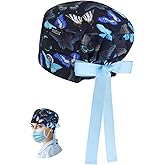 Butterfly Pattern Scrub Caps for Women with Buttons, Adjustable Euro Style Surgical Cap,Soft Head Cover for Long or Short Hair