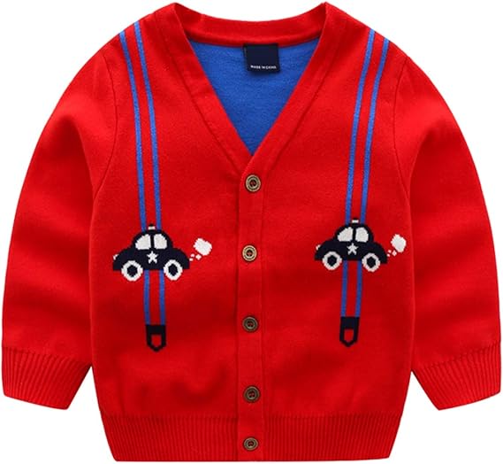 Amazon Cloudkids キッズ カーディガン ニット セーター 男の子 コート 長袖 ニットトップス Vネック カー柄 ベビー服 子供 ボーイズ 通園通学 春秋冬 可愛い レッド 110 カーディガン 通販