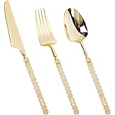 QualQuot 150PCS Gold Plastic Silverware, Heavy Duty Utensils, Disposable Plastic Cutlery Silverware Include 50 Forks, 50 Knives, 50 Spoons for Party and Wedding, Shiny Bead