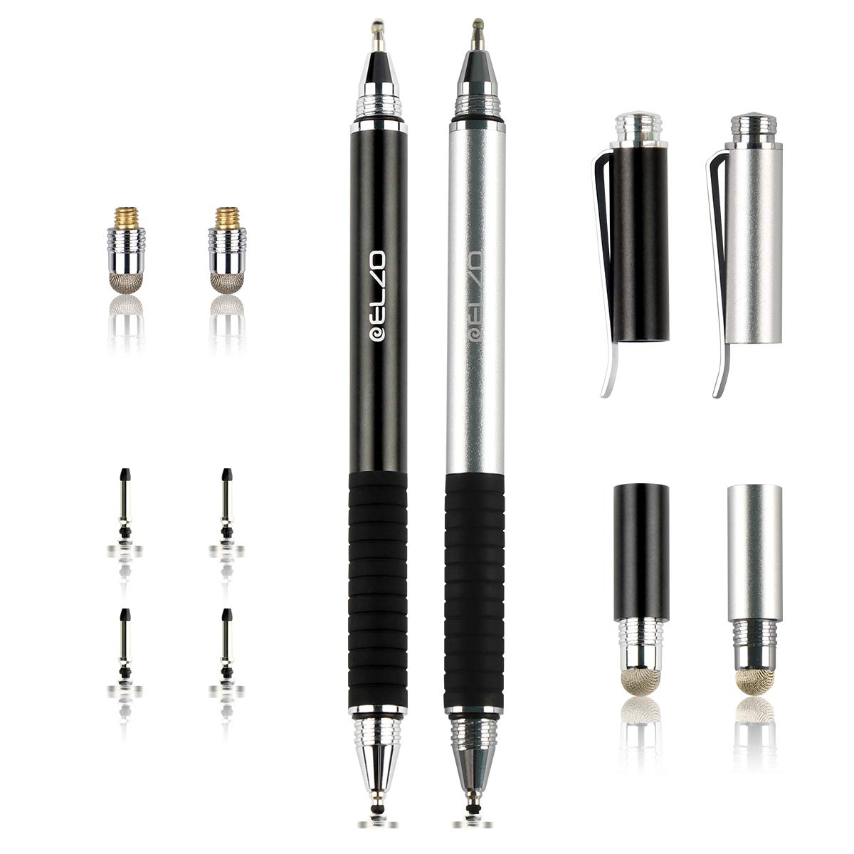 ELZO 3 in 1 Capacitive Disc Stylus Gel Pen Combo 2 Pcs with 4 Replaceable Disc Tips and 2 Replacement Fiber Tips for Touch Screen Tablets Samsung Galaxy/Surface/iPhone/iPad/LG and More (Black&Silver)