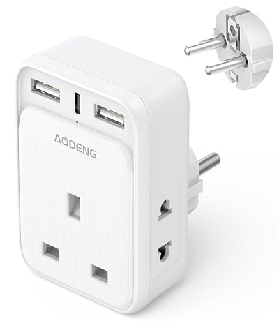 Aodeng UK to EU Plug Adaptor 3 USB Ports 20W USB C Shaver Adapter Type E/F
