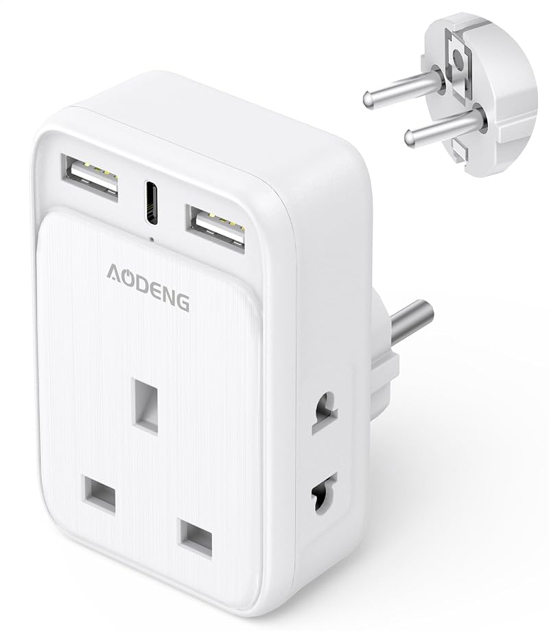 Aodeng UK to EU Plug Adaptor 3 USB Ports 20W USB C Shaver Adapter Type E/F