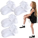 SHEHARUHI 4 Pairs Girls White Ruffle Socks - Lace, Frilly, Princess Dress Socks