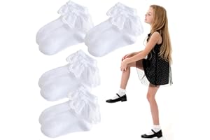 SHEHARUHI 4 Pairs Girls White Ruffle Socks - Lace, Frilly, Princess Dress Socks