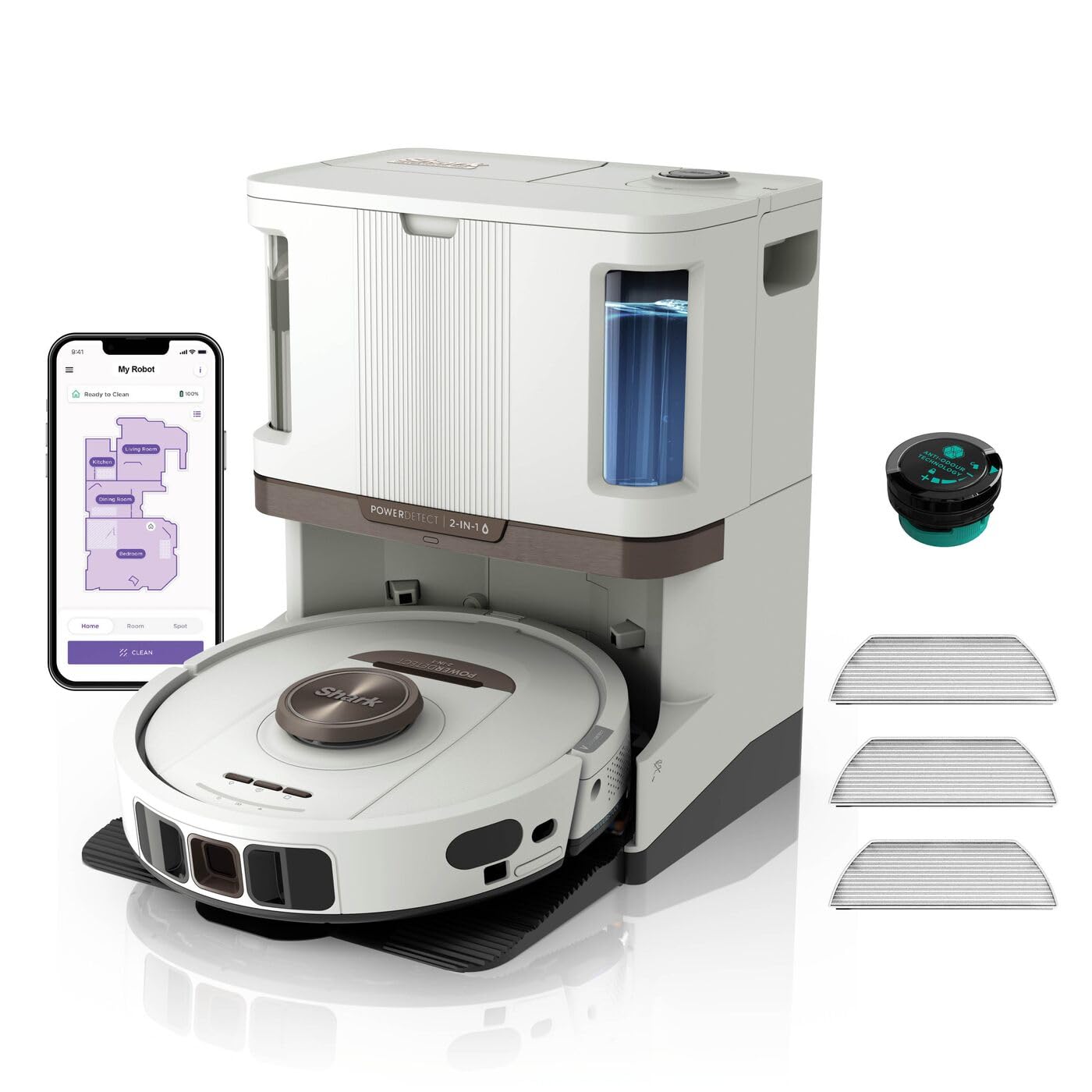 Shark PowerDetect 2-in-1 Saugroboter & Wischroboter, NeverTouch Pro 60-Tage-Selbstentleerung, selbständiges Nachfüllen & Reinigen, 3D-/ LiDAR-Navigation, NeverStuck, App-Steuerung, Weiß RV2800ZEEUWH