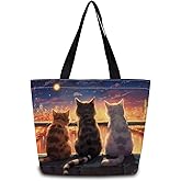 ZhuVantrix Funny Kitten Back Tote Bag Reusable Grocery Bags Cute Aesthetic Shopping Shoulder Handbag with Interior Zipper Pocket Stylish Funny Kitten Back Present for Cat Lovers Women
