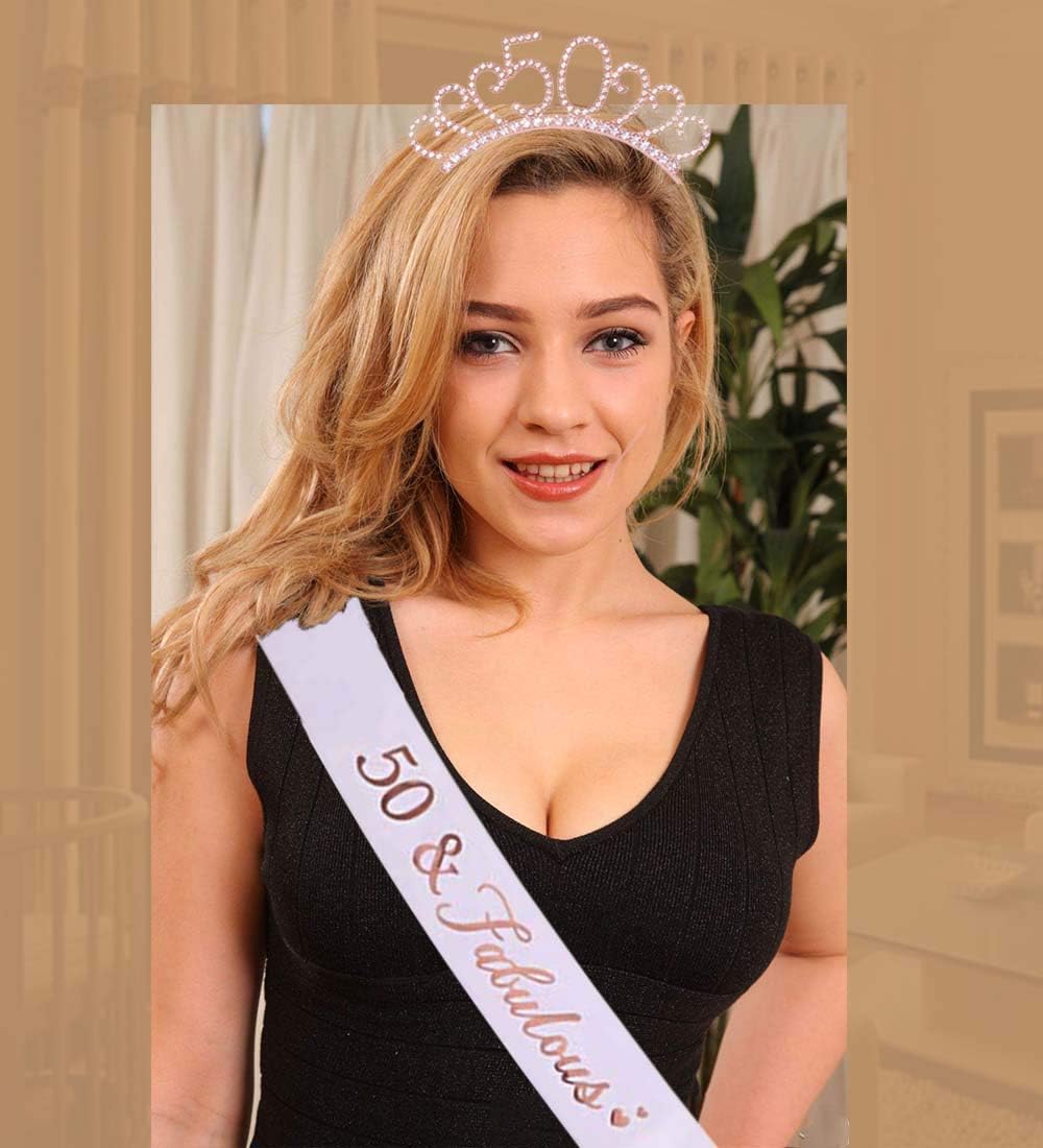 50th Birthday Sash and Crystal Tiara Birthday Crown for 50th Birthday Decorations Women Birthday Gift Party Accessories (Rose Gold) - Image 4