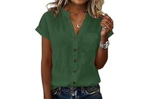 takaeys Womens Tops 2026 Summer Cotton Linen V Neck Pullover Button Short Sleeve Shirt Cozy Comfy Casual Lightweight Soft Top