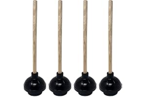 LAVOHOME Heavy Duty Black Toilet Plunger with Double Thrust Force Suction Cup, Long Wooden Handle & Large Suction Cup, Clogged Toilet Solution for Bathroom - Set of 4