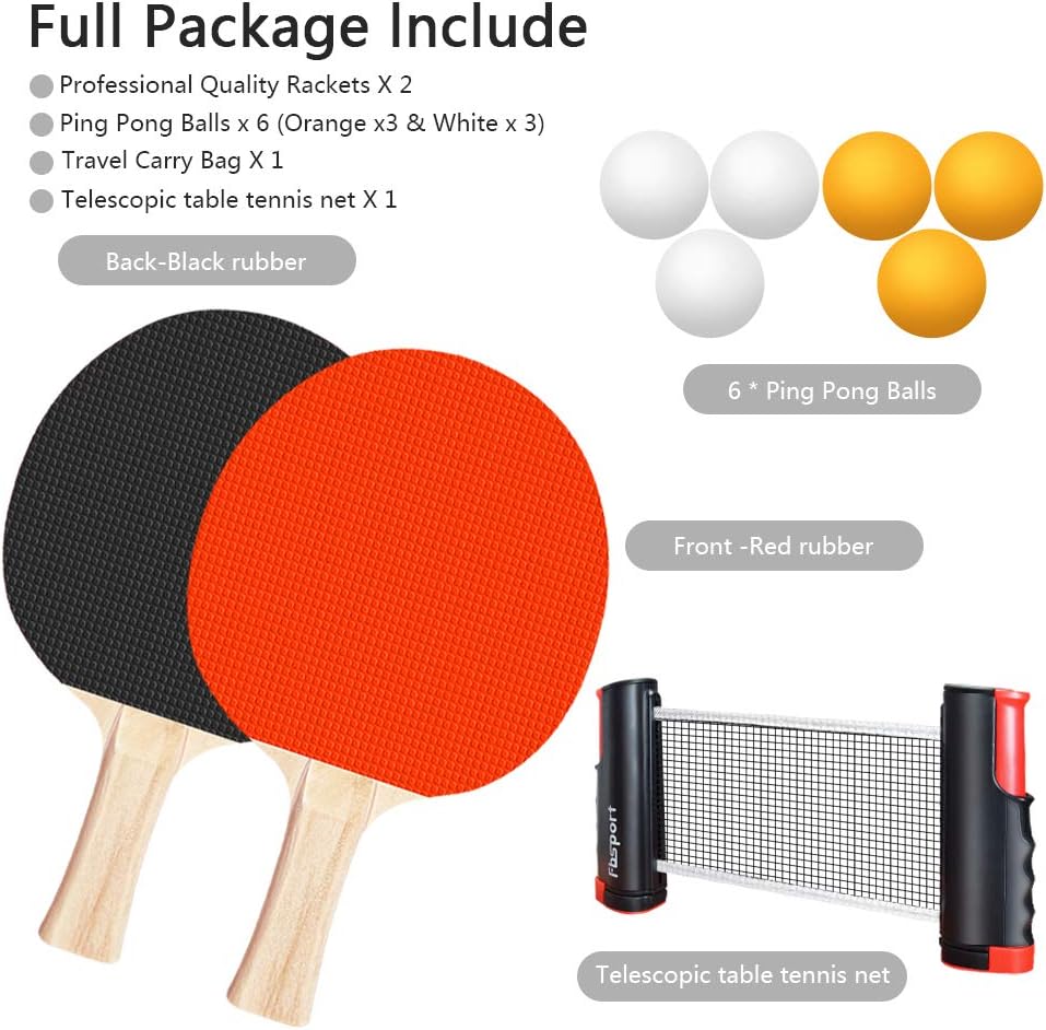 FBSPORT Ping Pong Paddle Set, Portable Table Tennis Set with Retractable Net, 2 Rackets, 6 Balls and Carry Bag for Children Adult Indoor/Outdoor Games, Black : Sports & Outdoors