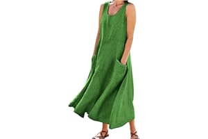 NDVYXX Women's Cotton Linen Dress 2024 Sleeveless O Neck Loose Casual Dress Plus Size Beach Sundress Boho Maxi Dresses