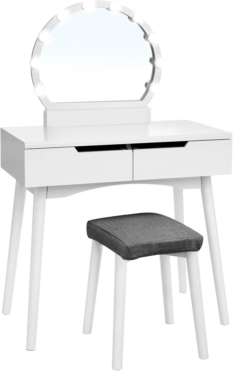 Amazon Com Vasagle Vanity Table Set With 10 Light Bulbs And Touch Switch Dressing Makeup Table Desk With Large Round Mirror 2 Sliding Drawers 1 Cushioned Stool For Bedroom Bathroom White Furniture Decor