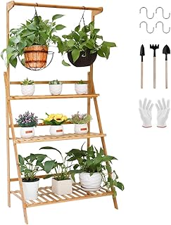 medla Blumenregal Pflanzentreppe aus Bambus für mehr Pflanzen und Blumenampel, Blumenständer Klappbar für Innen-Balkon Wohzimmer Outdoor Garten Dekor, ca.70 x 40 x 96cm, Braun