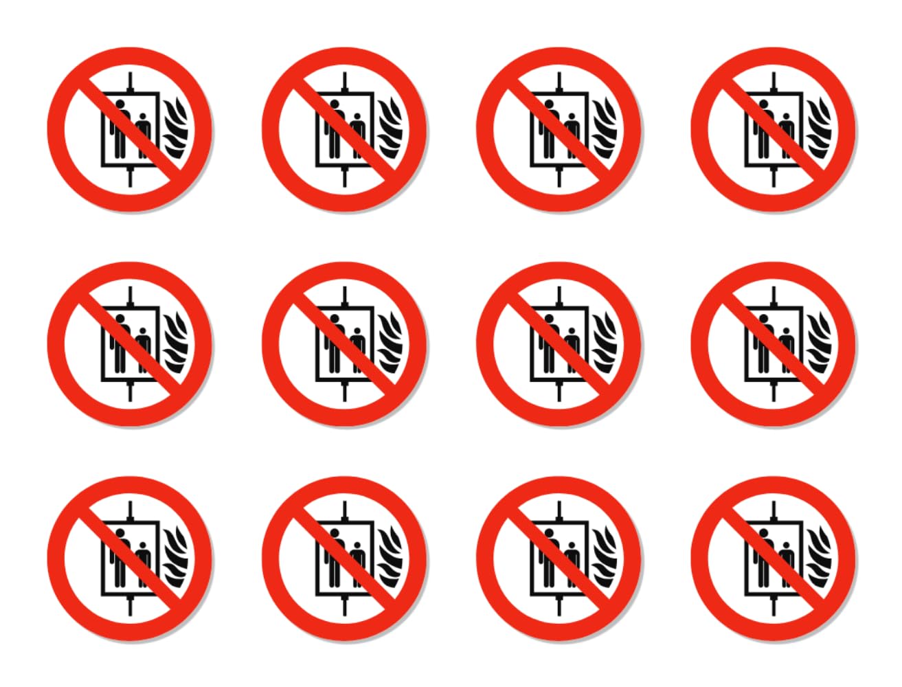 Do not use lift in case of fire: P020 - DIN EN ISO 7010 / ASR A1.3 - sticker: diameter 2.5 cm, pack of 12