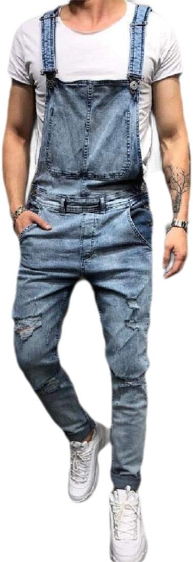 Gocgt Men's Cotton Washed Denim Bib Overalls Pocket Holes Ripped Jumpsuits