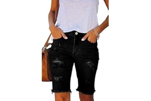 Metietila Women's Ripped Mid-Rise Denim Bermuda Shorts Frayed Raw Hem Stretch Jean Shorts