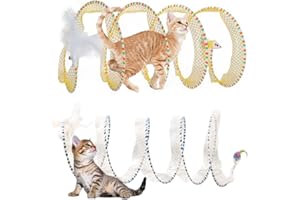 AVYDIIF Spiral Tunnel Cat Toy 2 Pcs, 25.59 Inches Unfolded Self Play Cat Toys Collapsible, Hunting Spiral Tunnel with Feather Mouse Toys and Bell for Indoor Kitten Play Chase Exercise