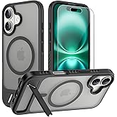for iPhone 16 case: [fit for Magsafe] Strong Magnetic & Invisible Stand, Military-Grade Drop Protection with Screen Protector, Adjustable Kickstand Slim Frosted Translucent Matte Phone Case, Black
