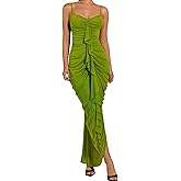 SKAYS Women's Summer Cami Ruffle Ruched mesh Elegant Split Bodycon Maxi Party Wedding Guest Dress