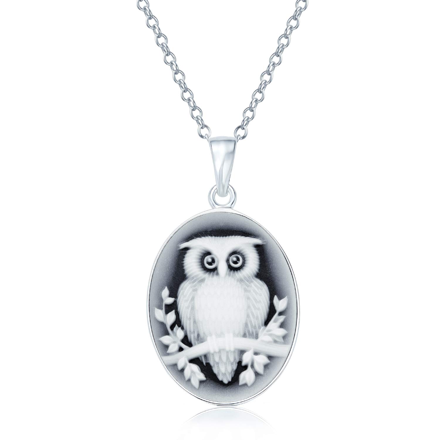 Bling Jewelry Simulated Black Onyx Carved Oval Branch Small Owl Cameo Pendant Necklace For Teen For Women .925 Sterling Silver