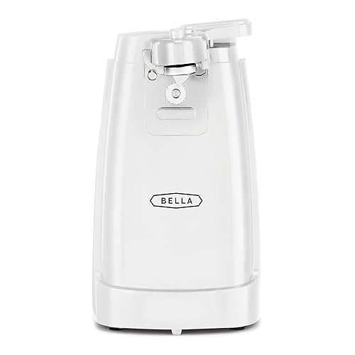 BELLA Electric Can Opener and Knife Sharpener, Multifunctional Jar and Bottle Opener with Removable Cutting Lever and Cord Storage, Stainless Steel Blade, White