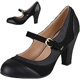 SHODENSE Women Kitten Heel Mary Jane Pumps Closed Round Toe Ankle Strap Patchwork Comfy 3” Mid Chunky Mary Jane Heels Cap Toe Two Tone Buckle Dress Shoes Ladies Wedding Vintage 4-11 M US