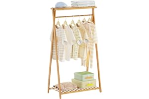 Jotboom Bamboo Kids Clothes Rack,Small baby Clothing Rack with 2 Storage Shelves,Child Dress Up Rack Portable Garment Rack fo