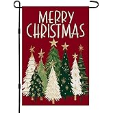 CROWNED BEAUTY Merry Christmas Trees Garden Flag 12x18 Inch Double Sided Small Burlap Holiday Red Yard Decoration for Outside