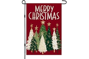 CROWNED BEAUTY Merry Christmas Trees Garden Flag 12x18 Inch Double Sided Small Burlap Holiday Red Yard Decoration for Outside
