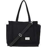 UERRUAM Tote Bag for Women with Compartments,Large Corduroy Tote for Work Travel College Book Bag Hard Bottom Crossbody Bag