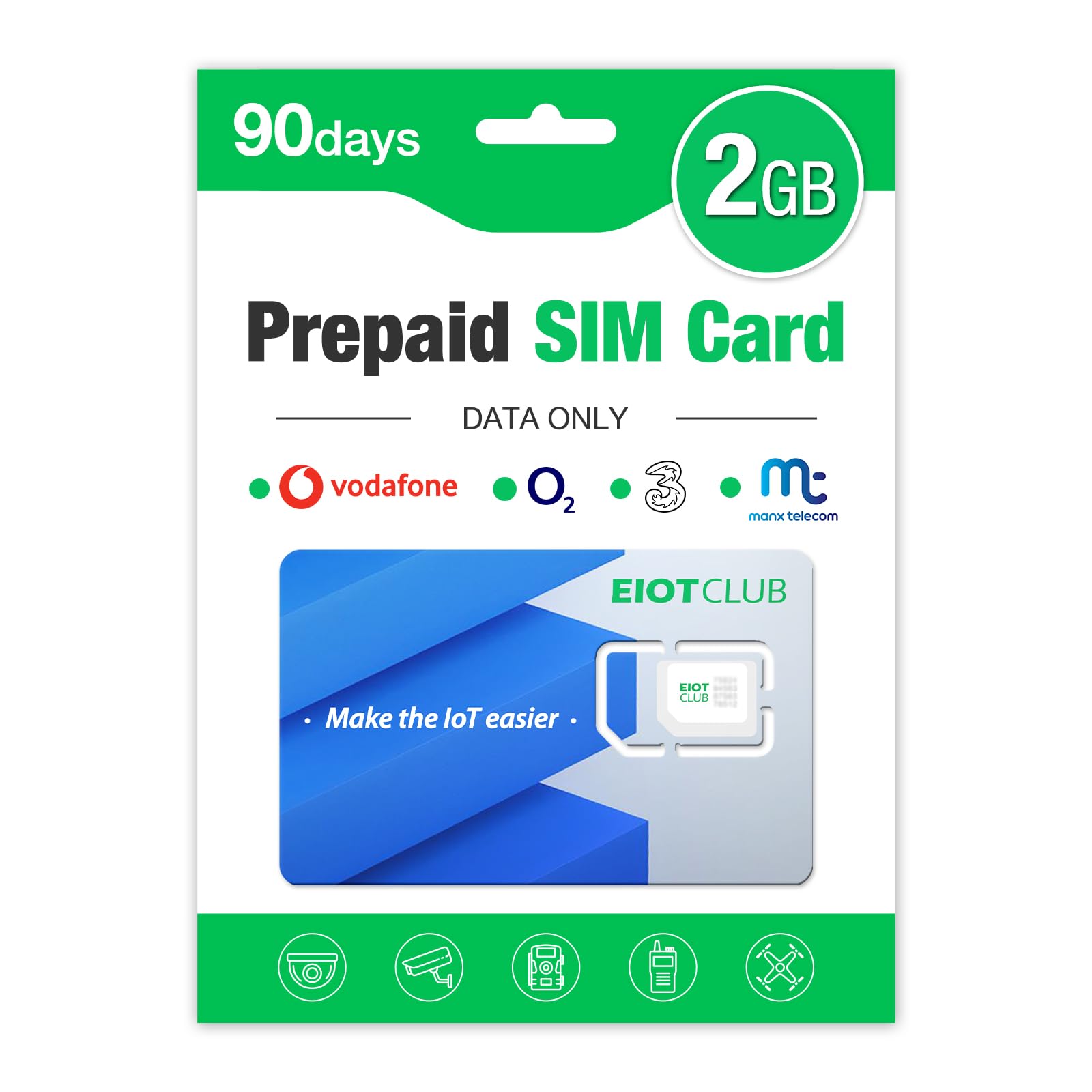 EIOTCLUB Data Only SIM Card 2GB Pay As You Go, SIM Card No Contract, Compatible with O2, Vodafone, 3, Manx Networks for 4G LTE Security Camera/Wildlife Camera/router/mobile wifi