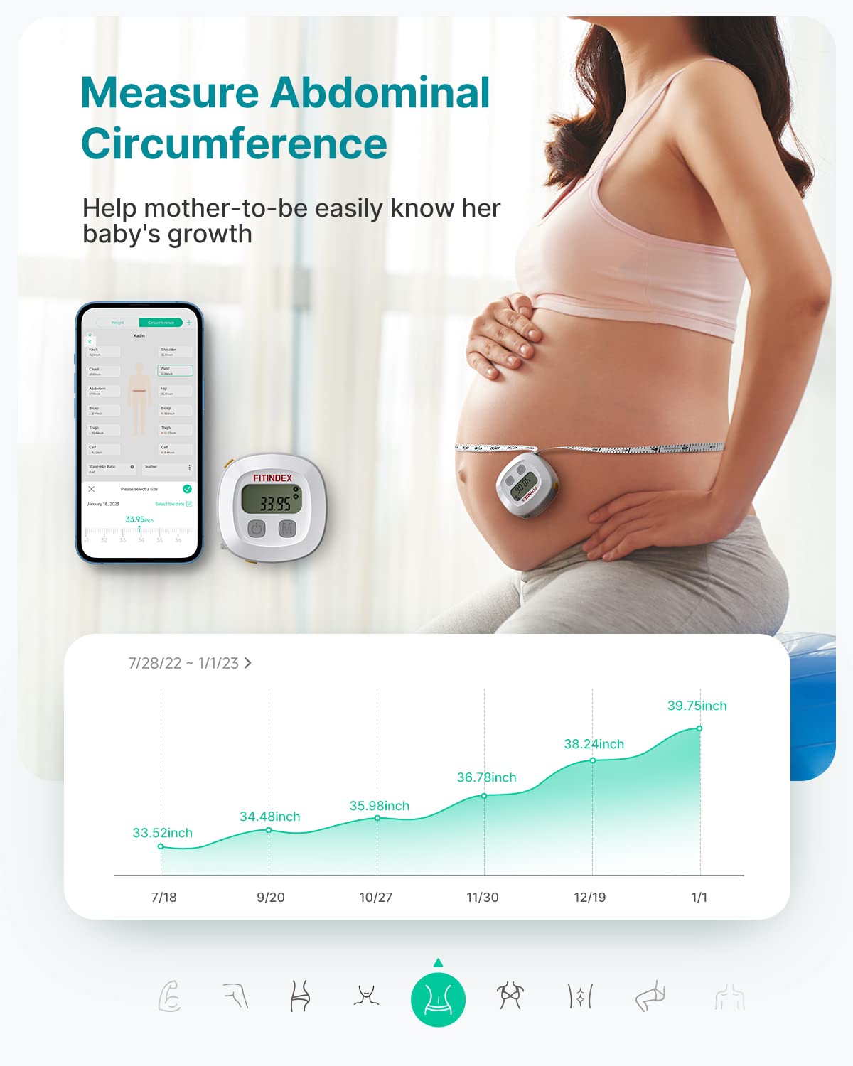 FITINDEX Smart Measuring Tape, Body Tape Measure for Body Measurements, Retractable, Waist, Hip, Bust, Arms, Fitness, Accurate, Body Building, Weight Loss, Sync with APP