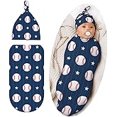 Cute Baseball Print Baby Stuff Swaddle Blanket Hat Set for Boys Girls, Soft Newborn Swaddle Wrap Blanket Shower Gift