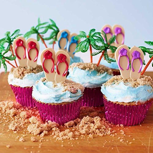 Cakegirls - Beach Pool Party Cupcake Kit - Flip Flop Cupcake Picks, Palm Tree Novelties, Pink Foil Cupcake Liners - Summer Swim Bachelorette Bridal Birthday