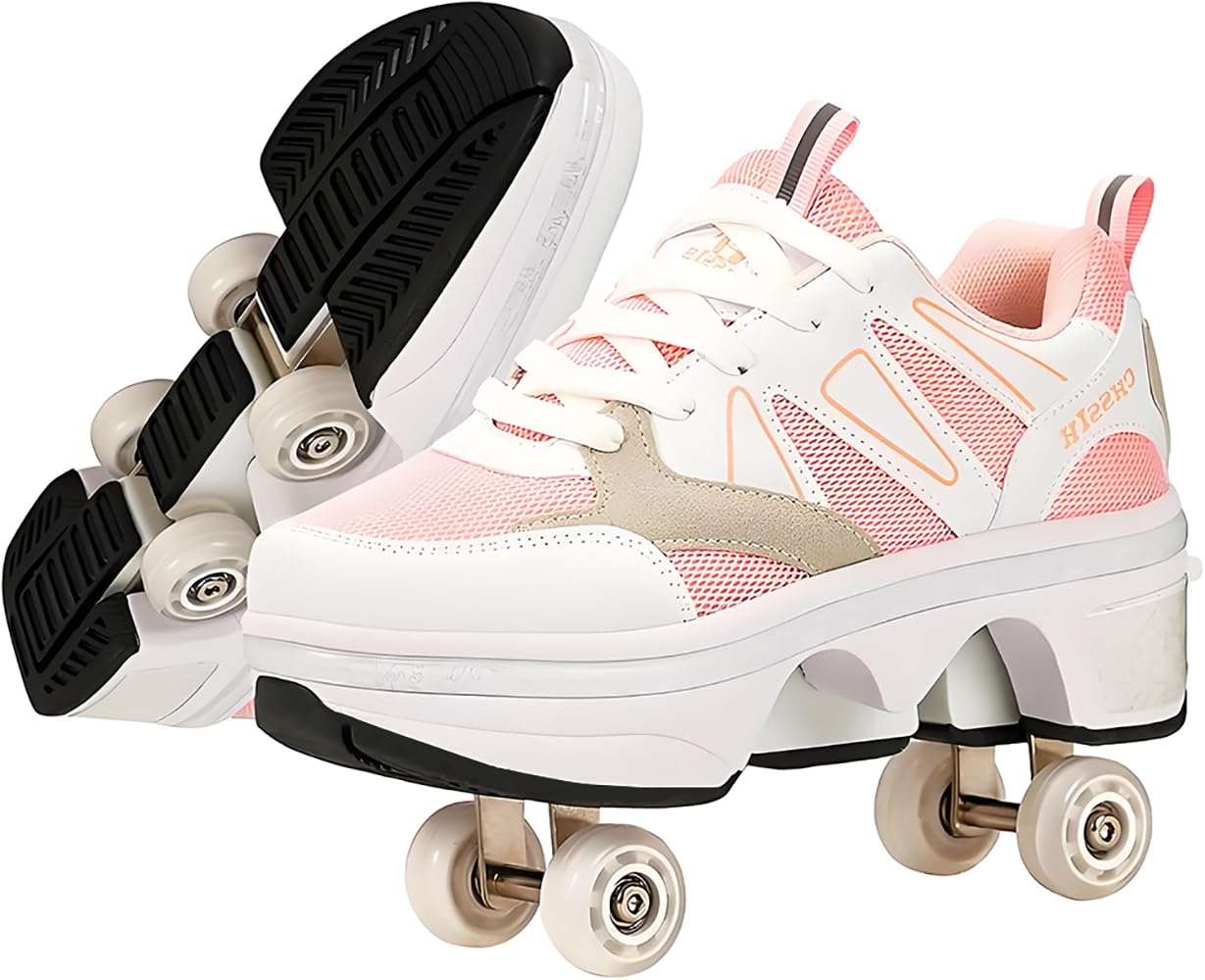 Photo 1 of Roller Skate Shoes for Girls, Kids, Women & Adults – Retractable Shoes with Wheels | Pop-Out High Roller Skating Shoes That Turn Into Sneaker Skates - Pink, 9.5