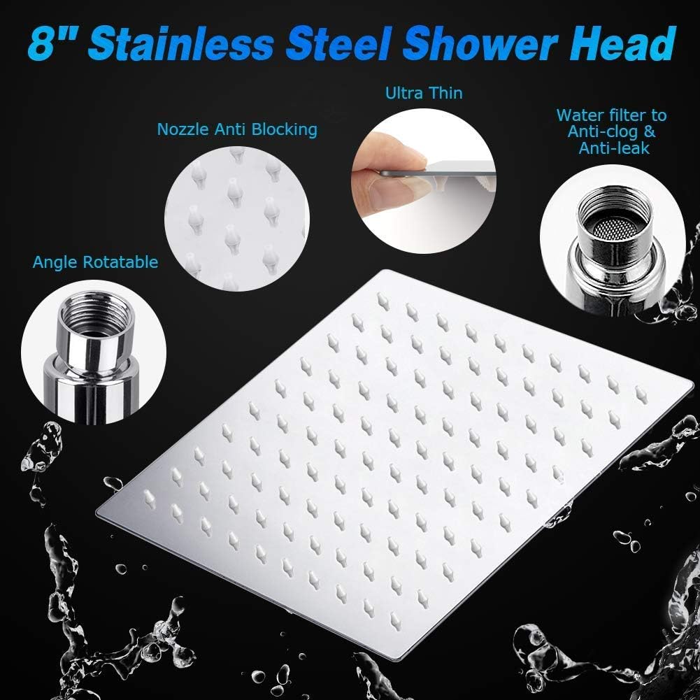 Taiker Shower Head, High Pressure 8'' Rainfall Stainless Steel Shower Head/Handheld Combo with 60'' Hose Anti-leak Shower Head with Holder, Flow Regulator, Chrome, 4 Shower Hooks - - 